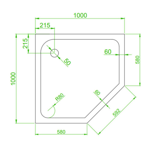 Pentagonal shower tray SXL07C 1000x1000mm white siphon 150mm high