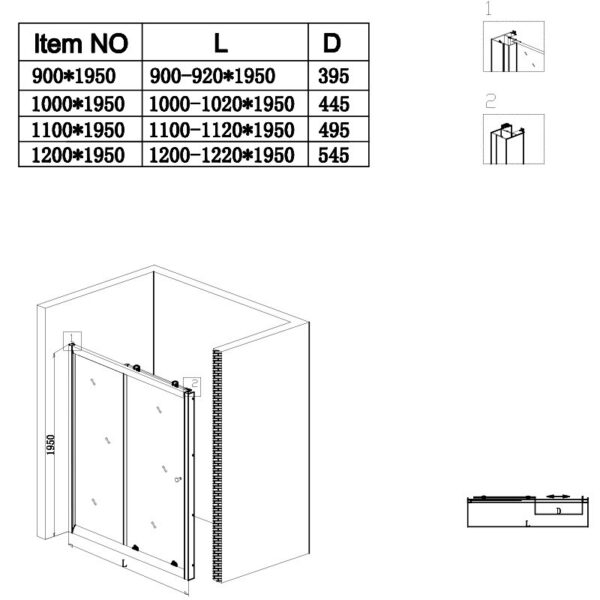 Shower door sliding SH02B chrome 900mm