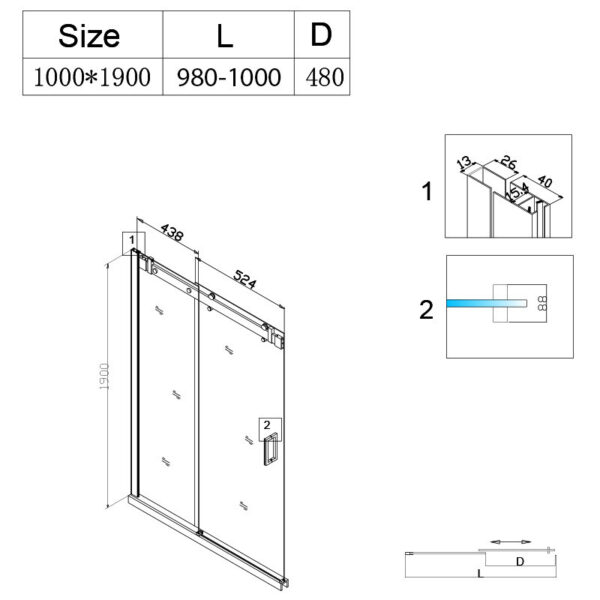 Shower door sliding SH03B black 950-1000mm