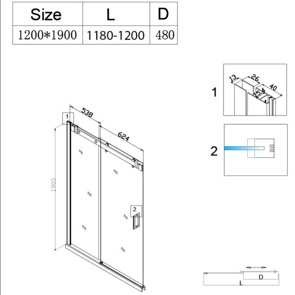 Shower door sliding SH03D chrome 1150-1200mm