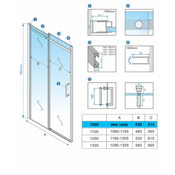 Shower door sliding KZ09A black 950-1000mm glass 8mm