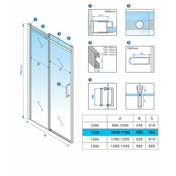 Shower door sliding KZ09B black 1050-1100mm glass 8mm
