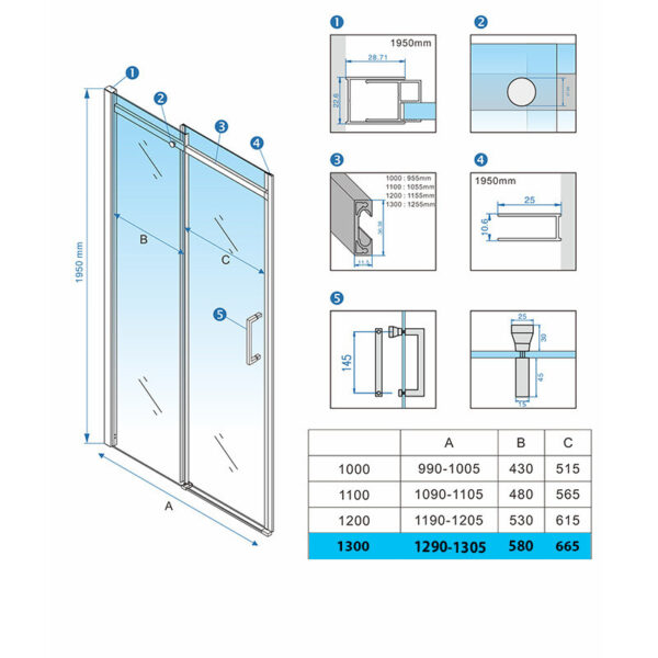 Shower door sliding KZ09D black 1250-1300mm glass 8mm
