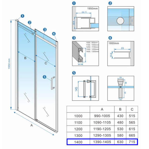 Shower door sliding KZ09E chrome 1350-1400mm glass 8mm