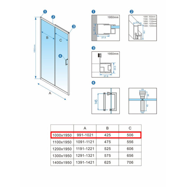 Shower door sliding KZ14A chrome 950-1000mm glass 6mm