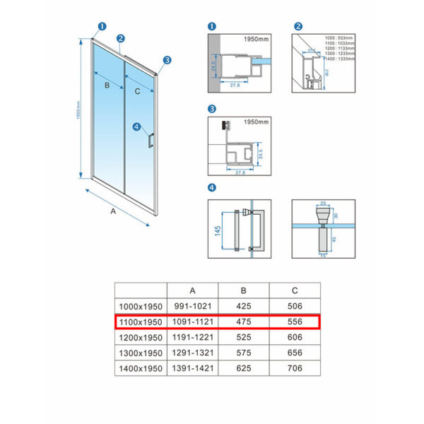 Shower door sliding KZ14B chrome 1050-1100mm glass 6mm