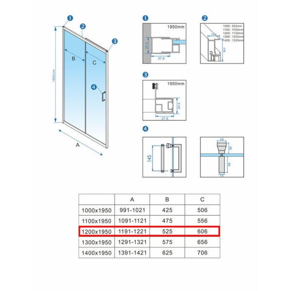 Shower door sliding KZ14C chrome 1150-1200mm glass 6mm