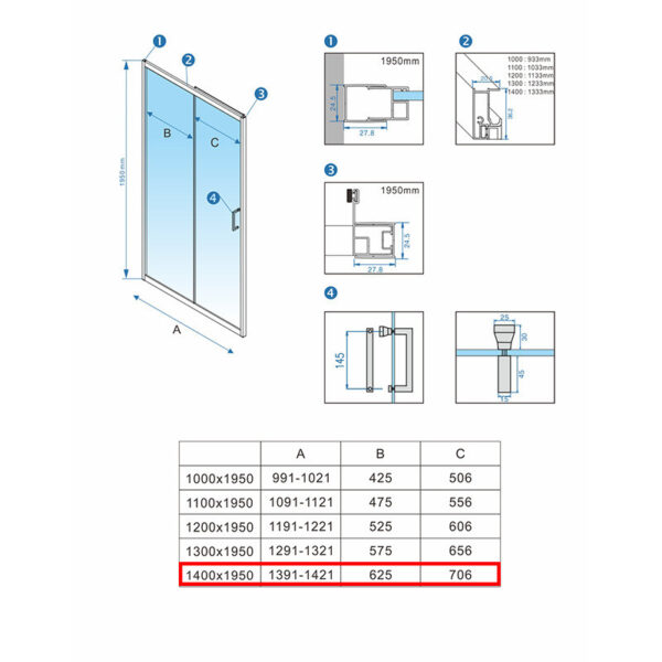 Shower door sliding KZ14E black 1350-1400mm glass 6mm