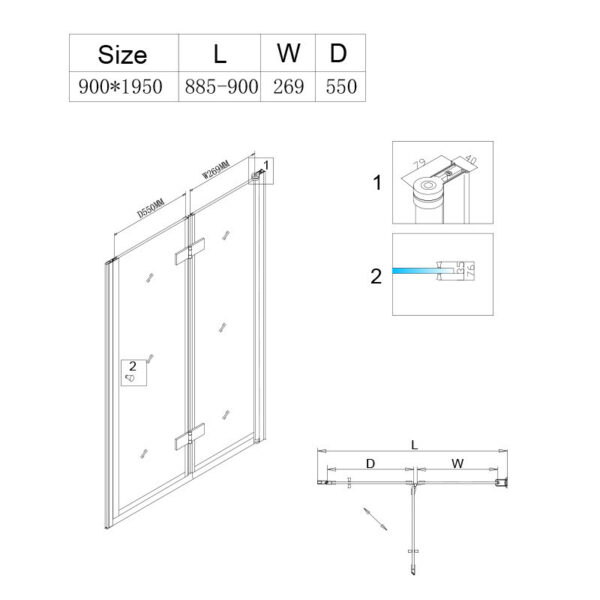 Shower door hinged shower screen SH06B 900mm glass 6mm