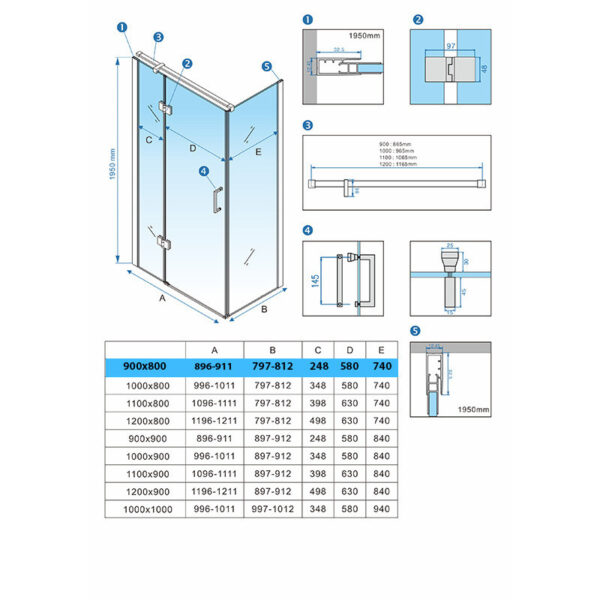 Rectangular shower cabin S-KZ02A Chrome 900x800mm