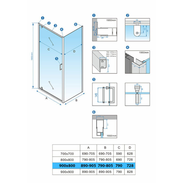 Rectangular shower cabin S-KZ05A Chrome 900x800mm