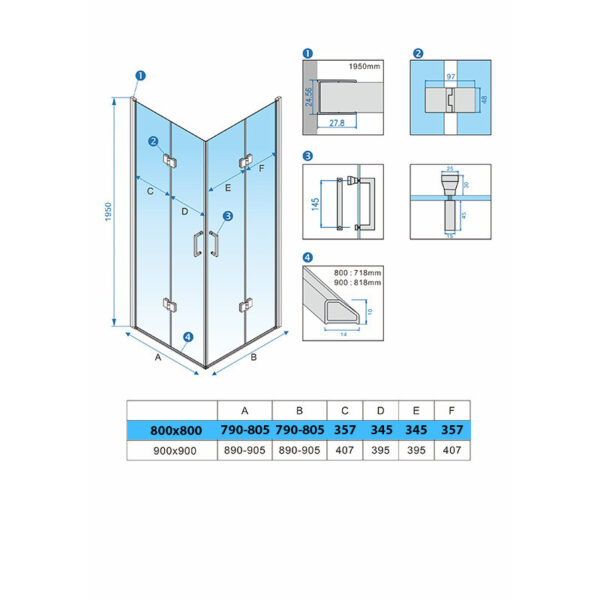 Square shower cabin R-KZ08B Chrome 800x800mm glass 6mm