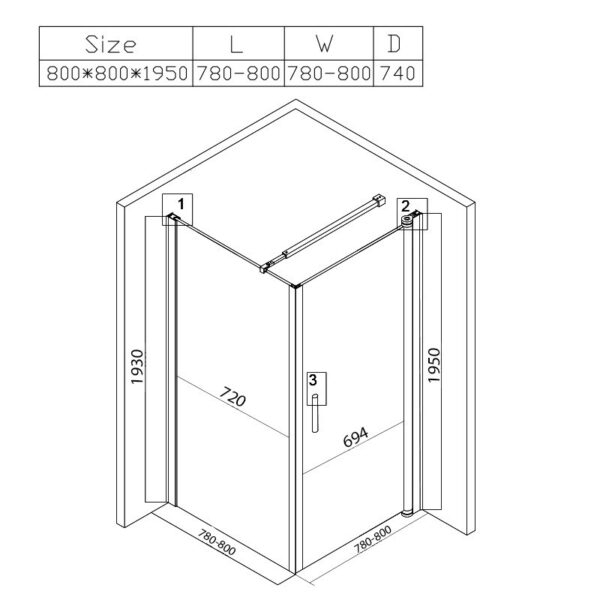 Square shower cabin R-KZ1190A Chrome 800x800mm glass 6mm