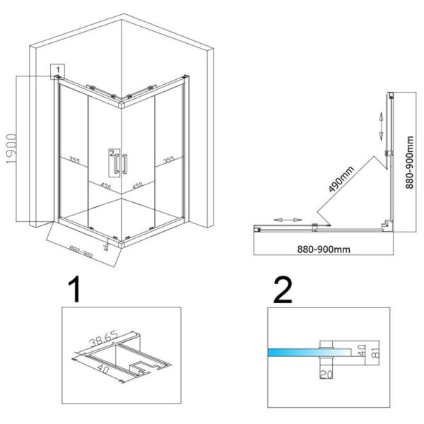 Square shower cabin R-KZ102B Chrome 900x900mm glass 6mm