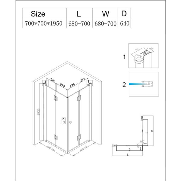 Square shower cabin R-KZ1270A Chrome 700x700mm glass 6mm