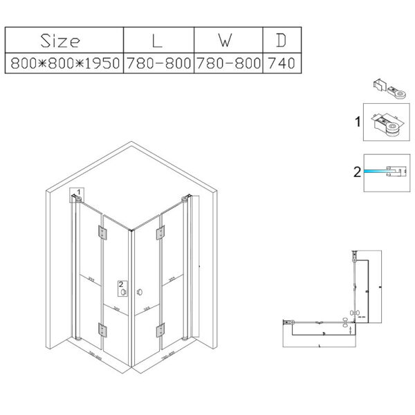 Square shower cabin R-KZ1290A Chrome 800x800mm glass 6mm