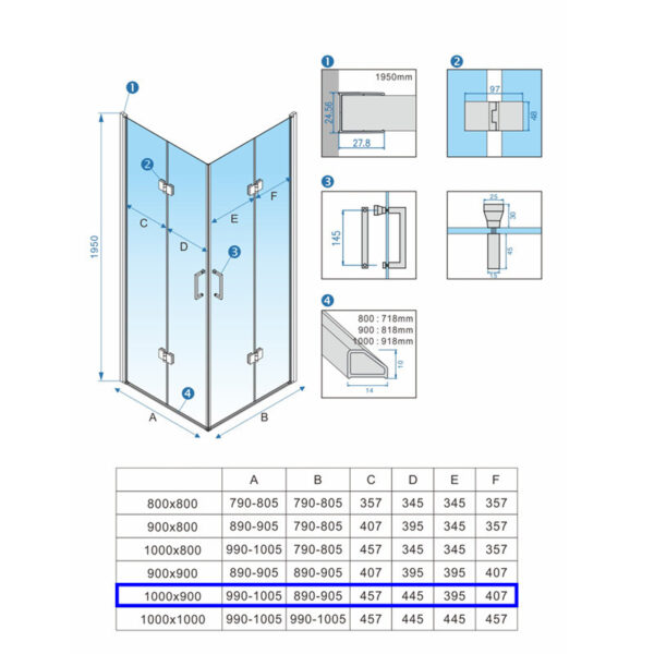 Rectangular shower cabin S-KZ13A Chrome 1000x900mm