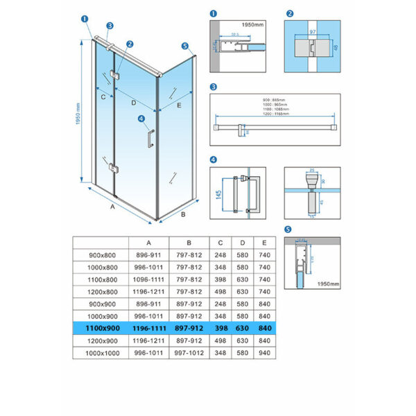 Rectangular shower cabin S-KZ03B Chrome 1100x900mm