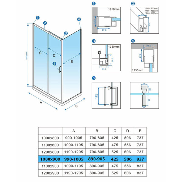 Rectangular shower cabin S-KZ104A Chrome 1000x900mm