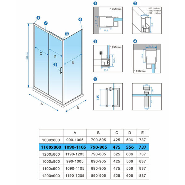 Rectangular shower cabin S-KZ103B Chrome 1100x800mm