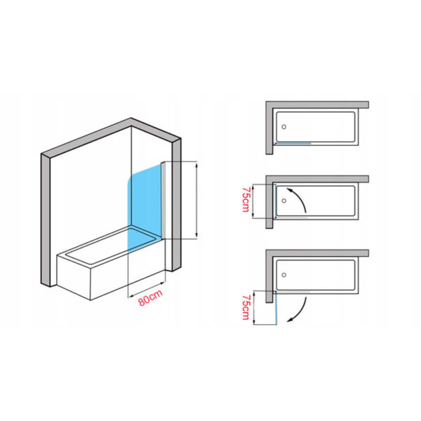 Bathtub shower screen 800x1400mm B-PR01 glass 6mm Black
