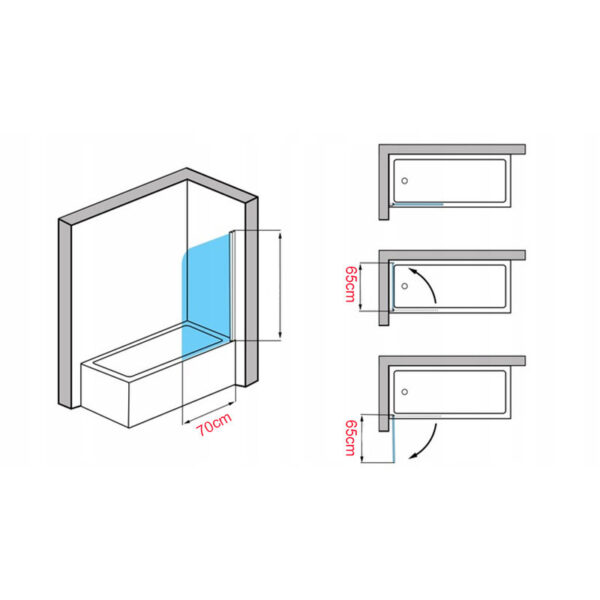 Bathtub shower screen 700x1400mm B-PR01 glass 6mm Black