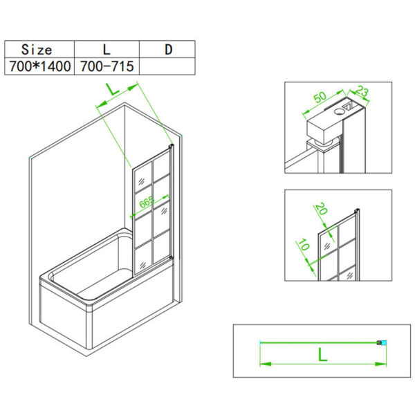 Bathtub shower screen 700x1400mm B-PR02 glass 6mm Black