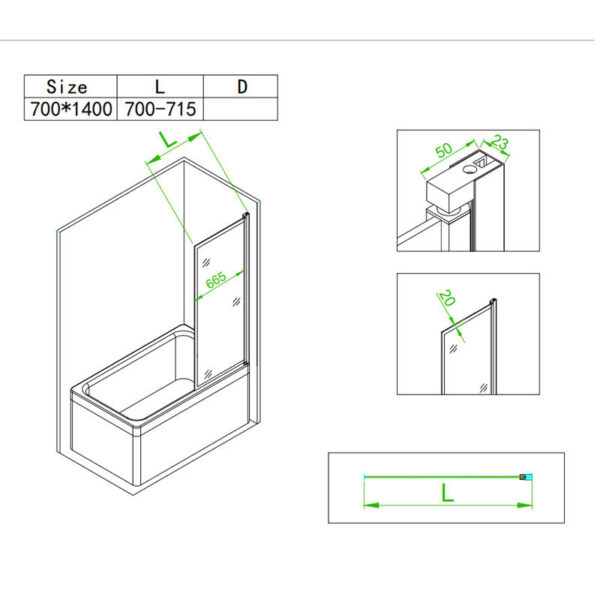 Bathtub shower screen 700x1400mm B-PR03 glass 6mm Black
