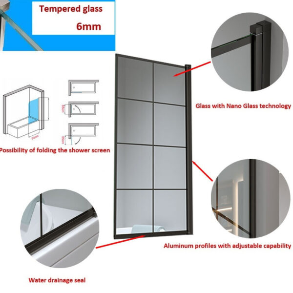 Bathtub shower screen 800x1400mm B-PR02 glass 6mm Black