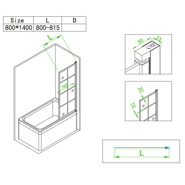 Bathtub shower screen 800x1400mm B-PR03 glass 6mm Black