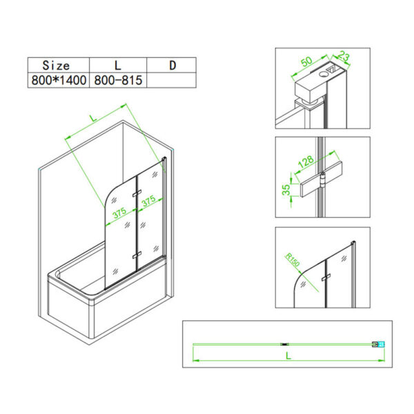 Bathtub shower screen 800x1400mm B-PR04 Chrome glass 6mm
