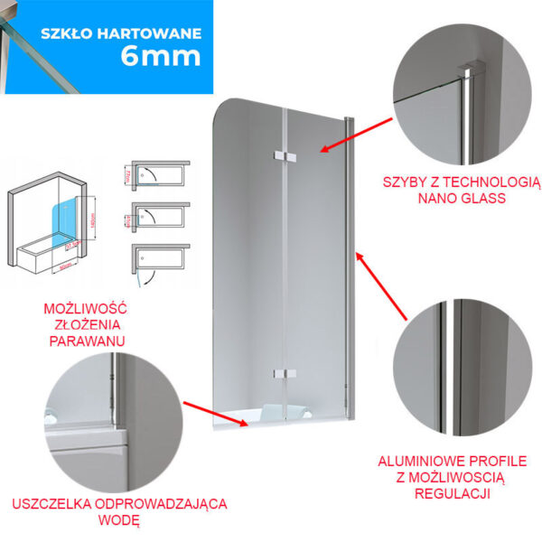 Bathtub shower screen 800x1400mm B-PR04 Chrome glass 6mm