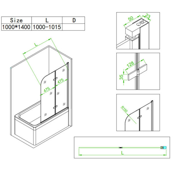 Bathtub shower screen 1000x1400mm B-PR04 Black glass 6mm