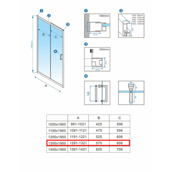 Shower door sliding KZ14D chrome 1250-1300mm glass 6mm