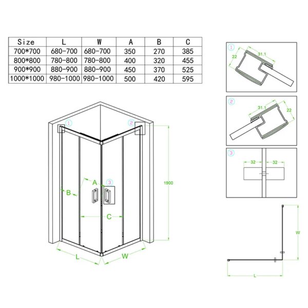 Square shower cabin R-BL30C Black 1000x1000mm glass 5mm