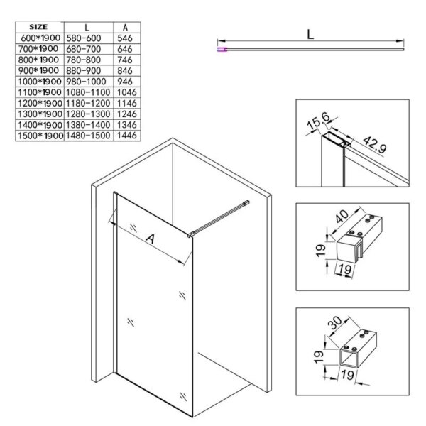 Shower screen P-WIF919 900x1900mm CHROME
