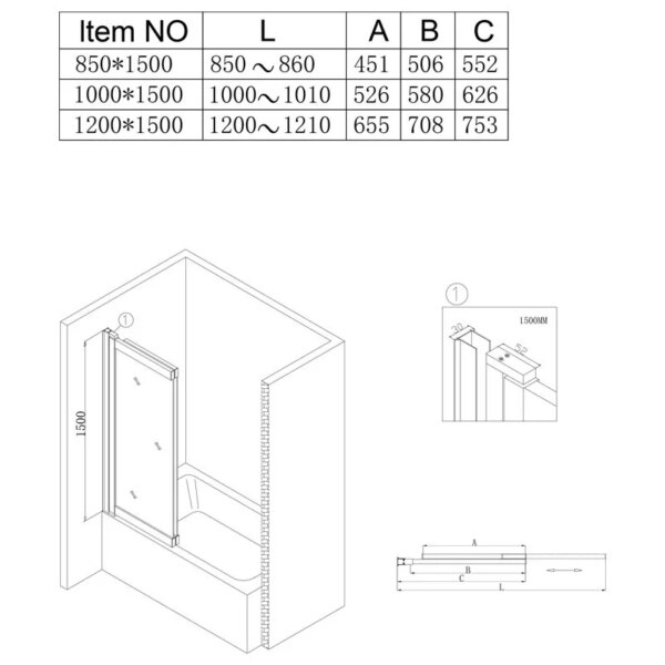 Bathtub shower screen 1000x1500mm B-PR07 Chrome glass 6mm