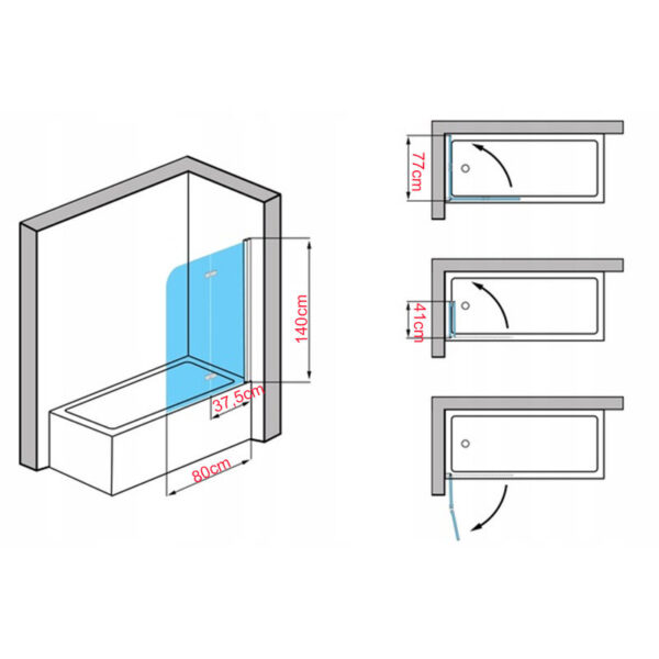 Bathtub shower screen 900x1400mm B-PR04 Chrome glass 6mm