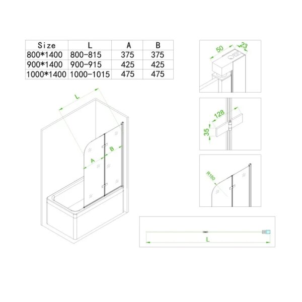 Bathtub shower screen 900x1400mm B-PR04 Chrome glass 6mm