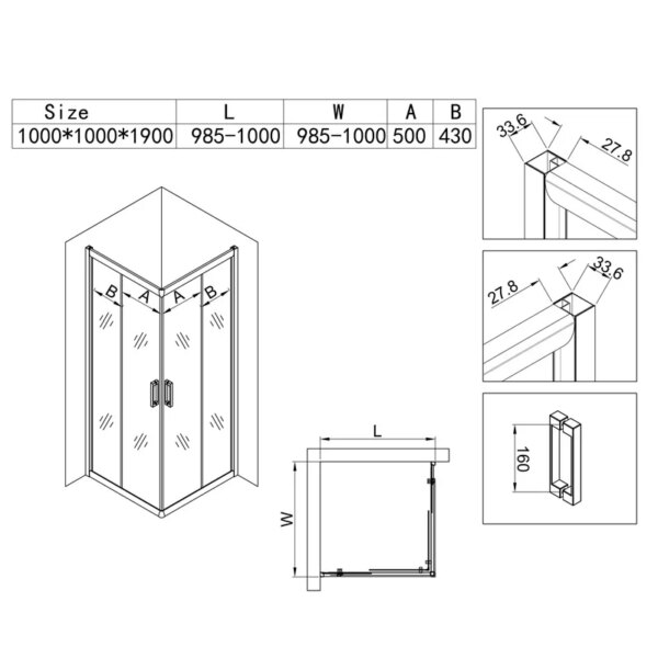Square shower cabin R-ZKM1019 Chrome 1000x1000mm glass 6mm