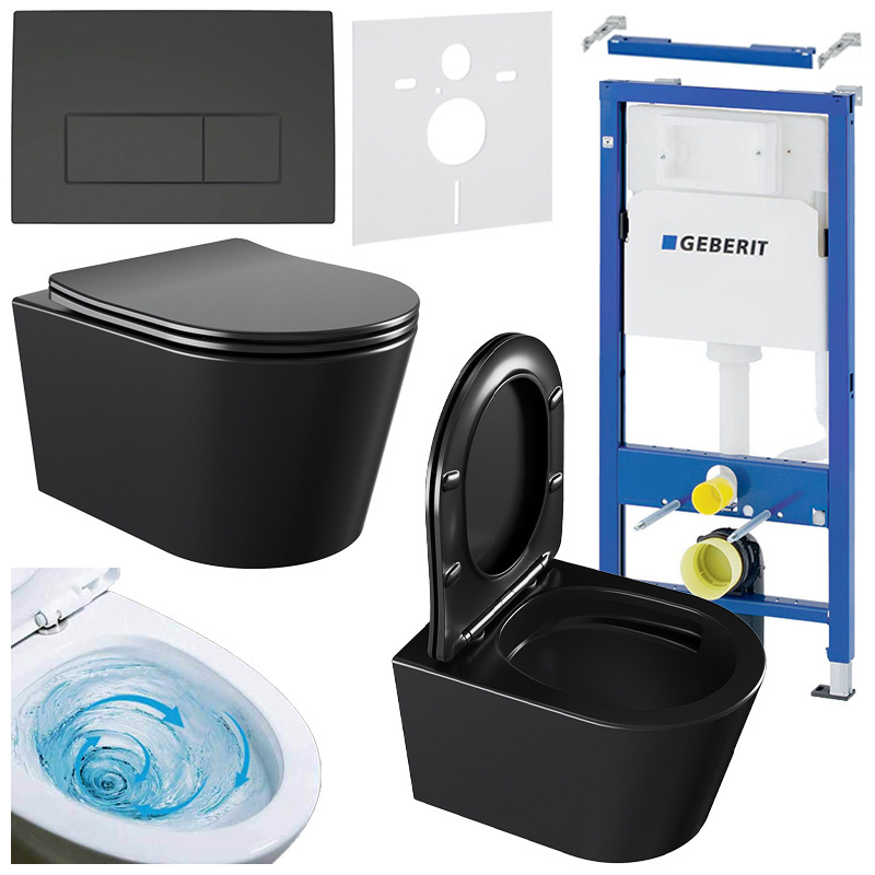 CONCEALED WC SET LUMEN 03TR BLACK MATT TOILET BOWL + FRAME GB + BLACK MATT FLUSH PLATE 50GD