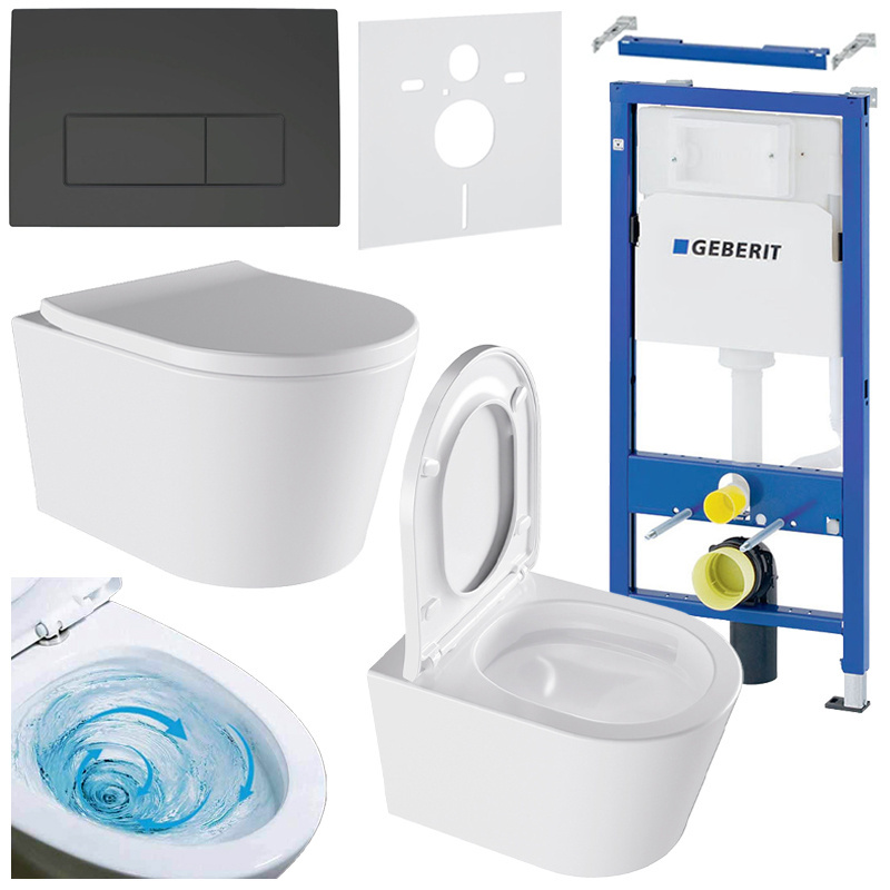 CONCEALED WC SET LUMEN 02TR WHITE TOILET BOWL + FRAME GB + BLACK MATT FLUSH PLATE 50GD