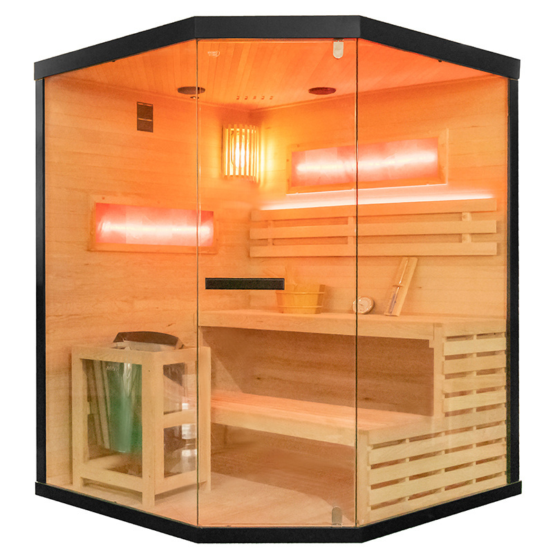 Finnish Sauna Genua Maxi Corner black 1500×1500×2000 mm with Himalayan Salt Panels, 6,0kW