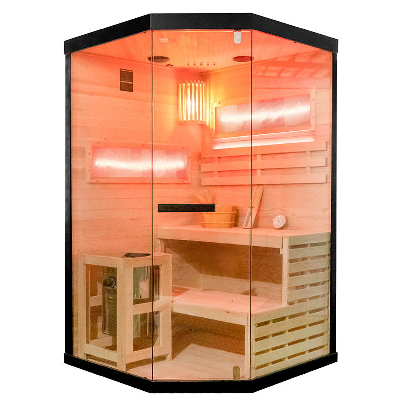 Finnish Sauna Genua Mini Corner black 1200×1200×2000 mm with Himalayan Salt Panels
