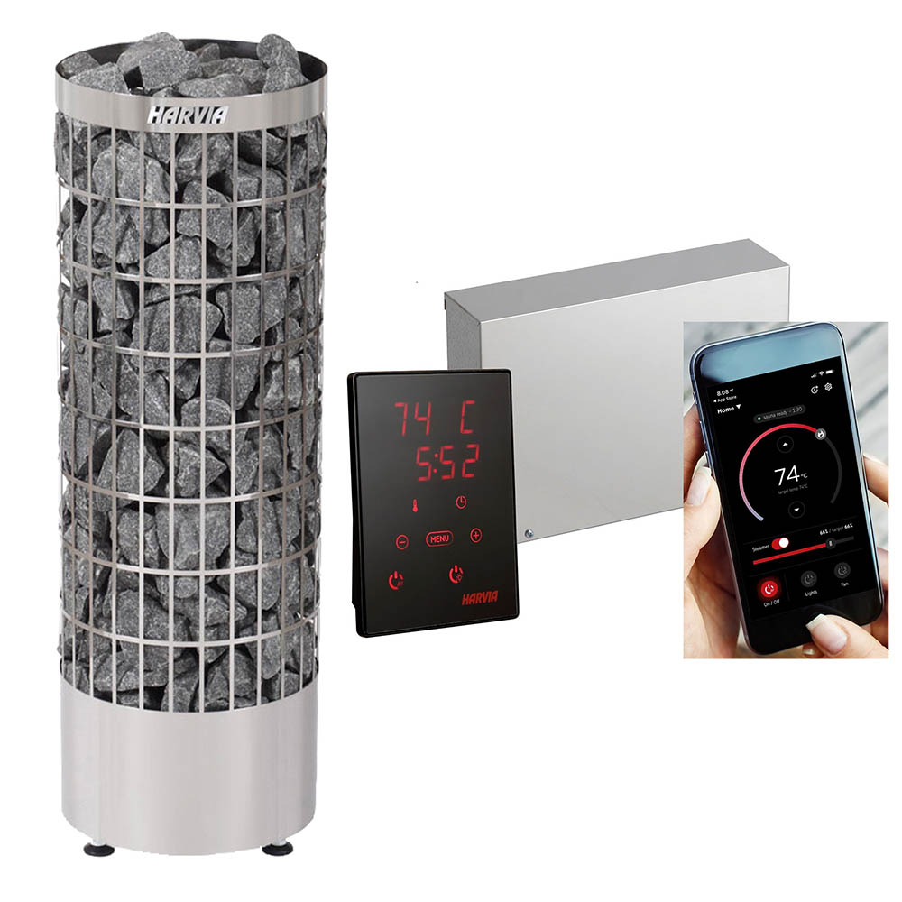 Harvia Cilindro CRB-PC90E 9 kW Sauna Heater Set with Harvia Xenio CRB-CX170 WiFi 17 kW Control Unit and Door Sensor