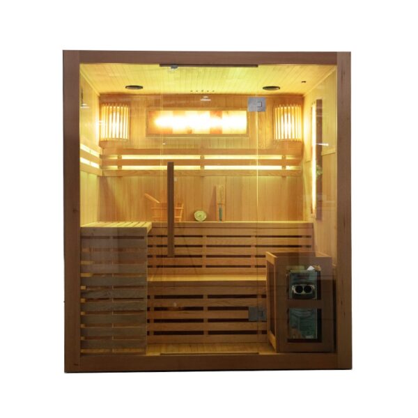 Neos Mega Finnish sauna with glass front, illuminated salt panels, wooden seating and Harvia heater