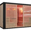 WISTA Finnish sauna front view with a central glass door, horizontal wooden slats and a black outer frame