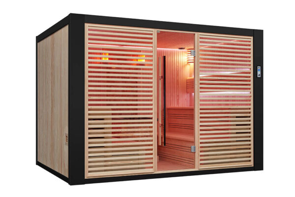 WISTA Finnish sauna front view with a central glass door, horizontal wooden slats and a black outer frame