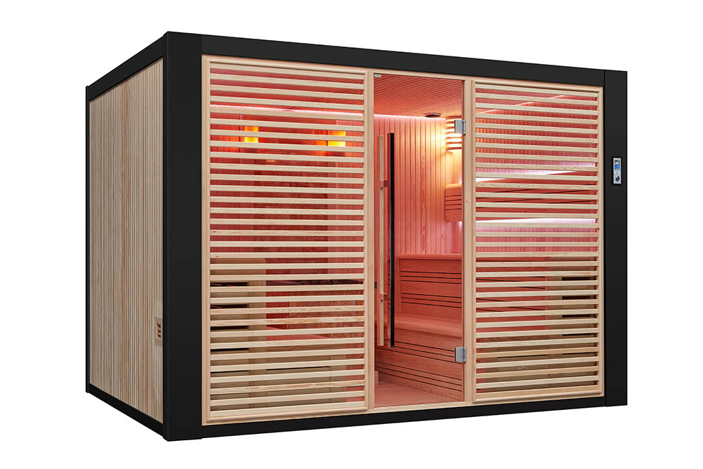 WISTA Finnish sauna front view with a central glass door, horizontal wooden slats and a black outer frame