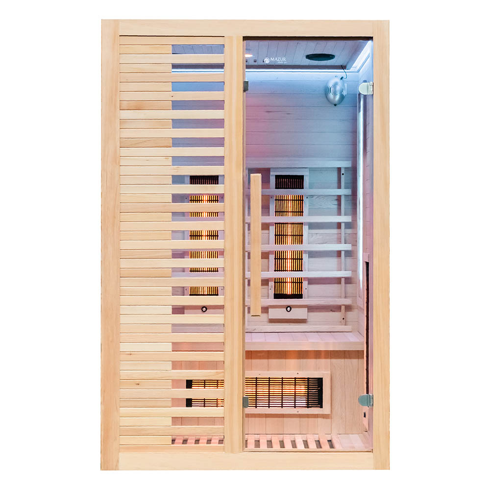 Cossy wooden infrared sauna viewed from the front, with a slatted front panel, clear glass door, bench and illuminated heaters